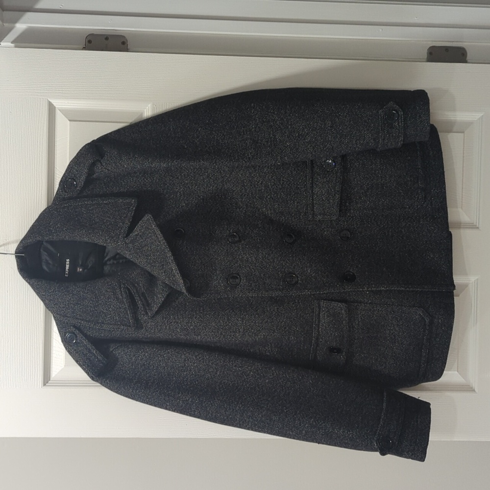 Wool Pea Coat Charcoal Black White Tweed Size XL
